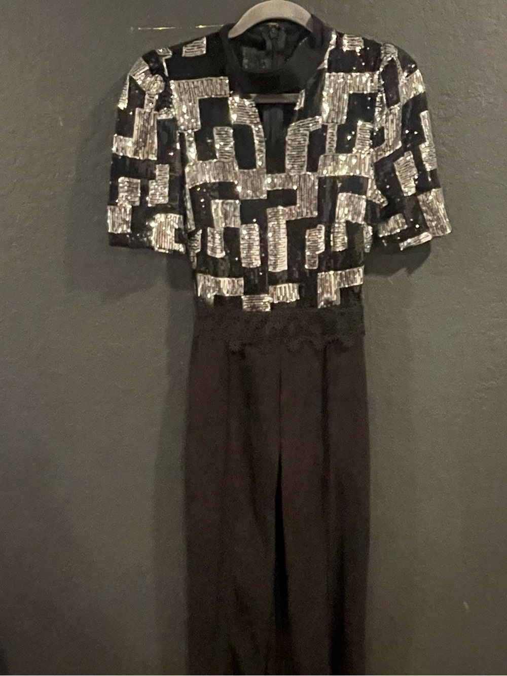 Vintage 80s Valentine Black Silver Sequin Jumpsuit Geometric Unhemmed Glam S